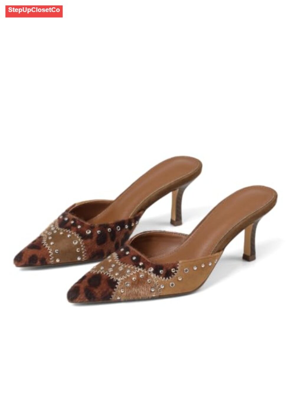 Kitten Heel Mules Pointed Toe Western Pumps Faux Suede Studded Slip-On